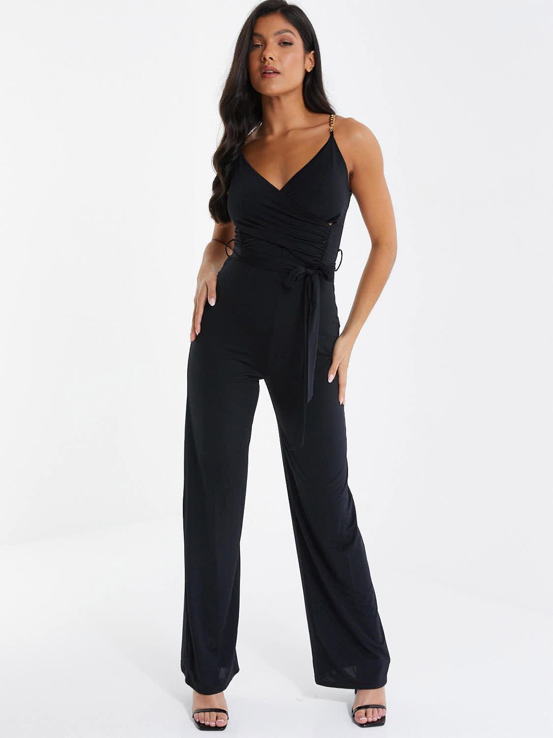 

QUIZ Shoulder Straps Sleeveless Waist Tie Ups Basic Jumpsuit, Black