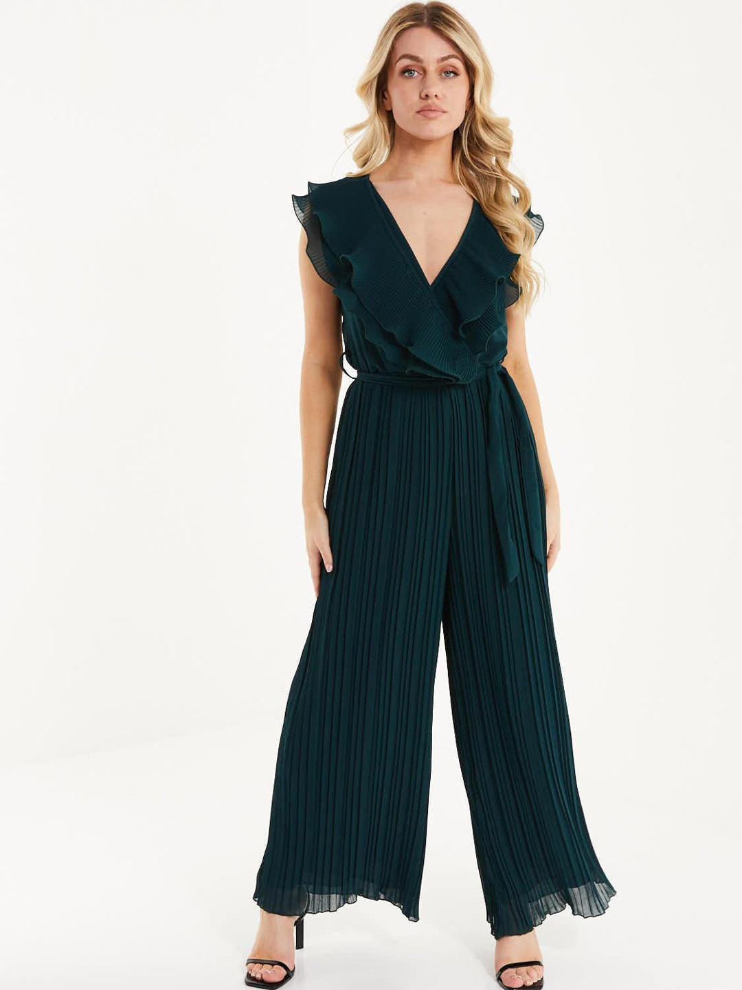 QUIZ V-Neck Ruffle Details Basic Jumpsuit, Green