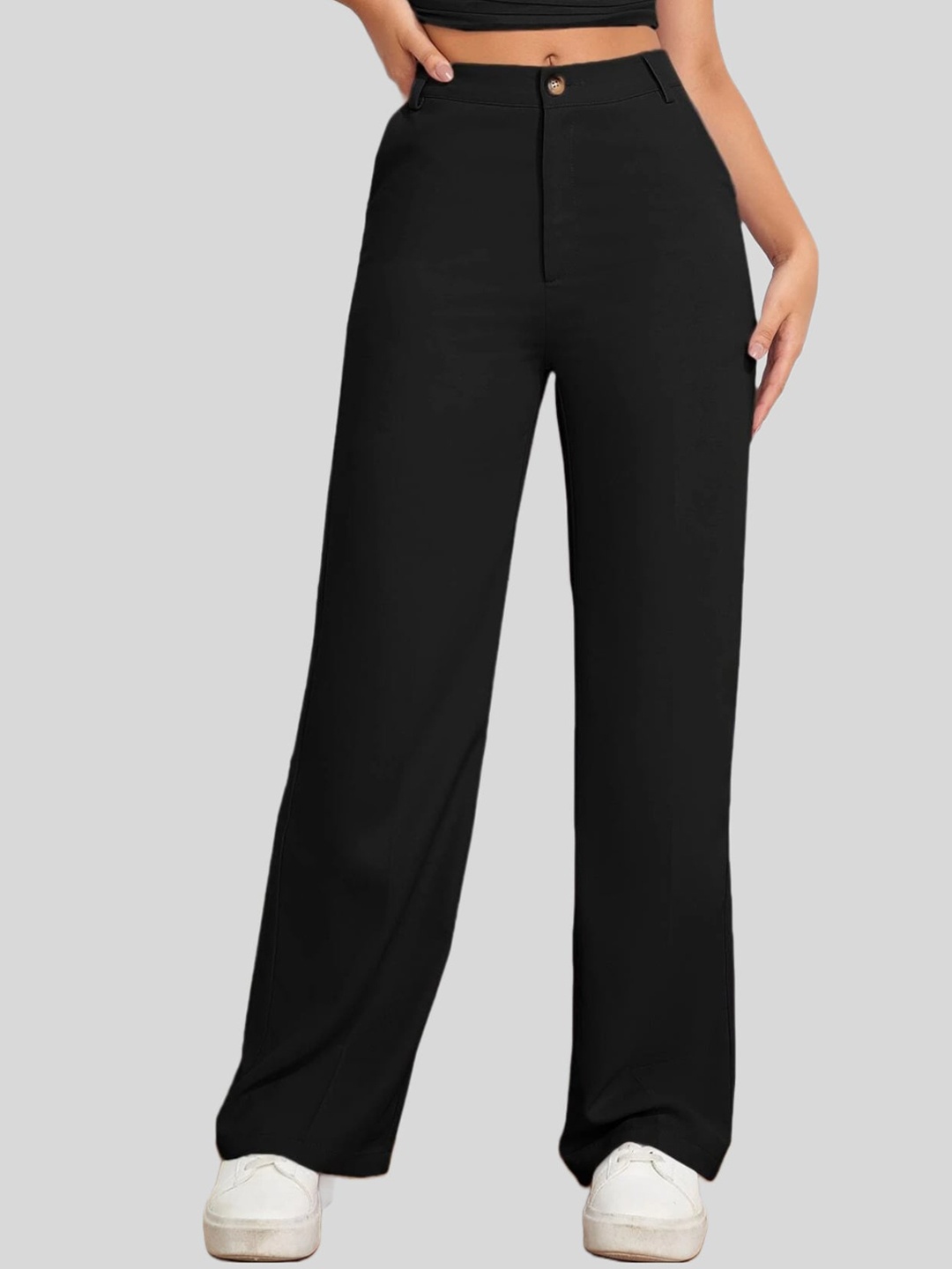 

FNOCKS Women Mid Rise Plain Cotton Bootcut Trousers, Black