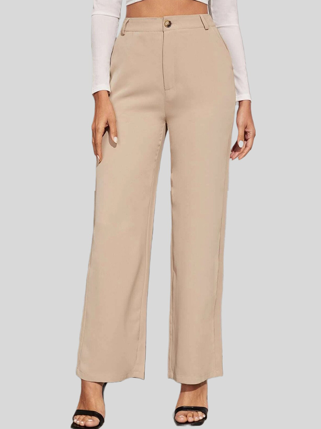 

FNOCKS Women Mid Rise Plain Cotton Bootcut Trousers, Beige