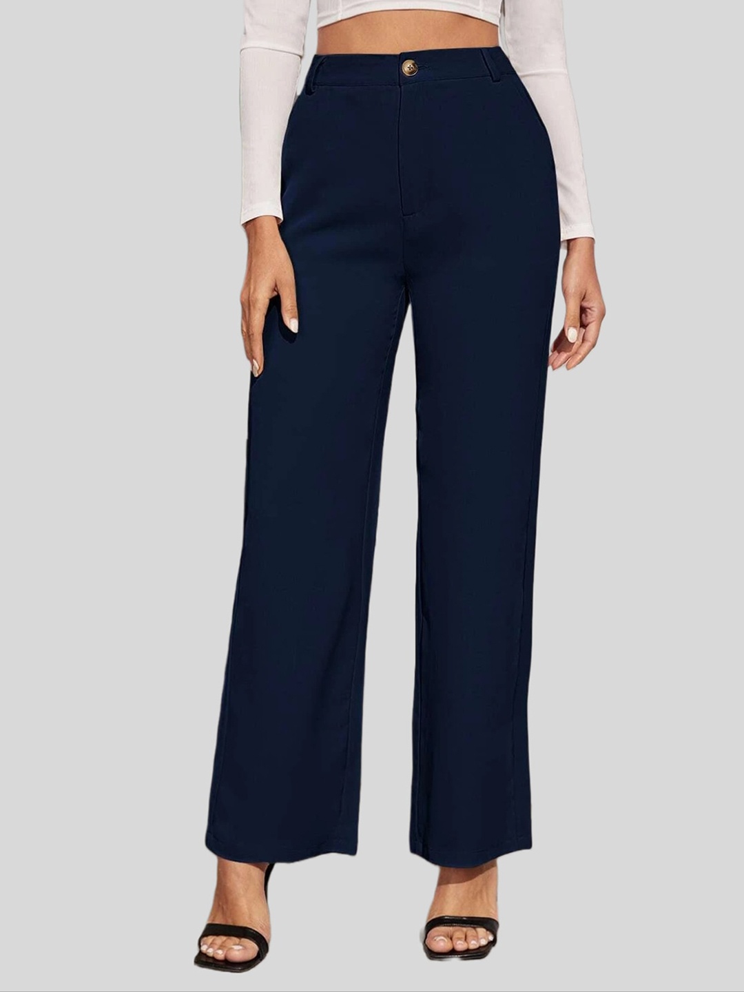 

FNOCKS Women Mid Rise Plain Cotton Bootcut Trousers, Navy blue