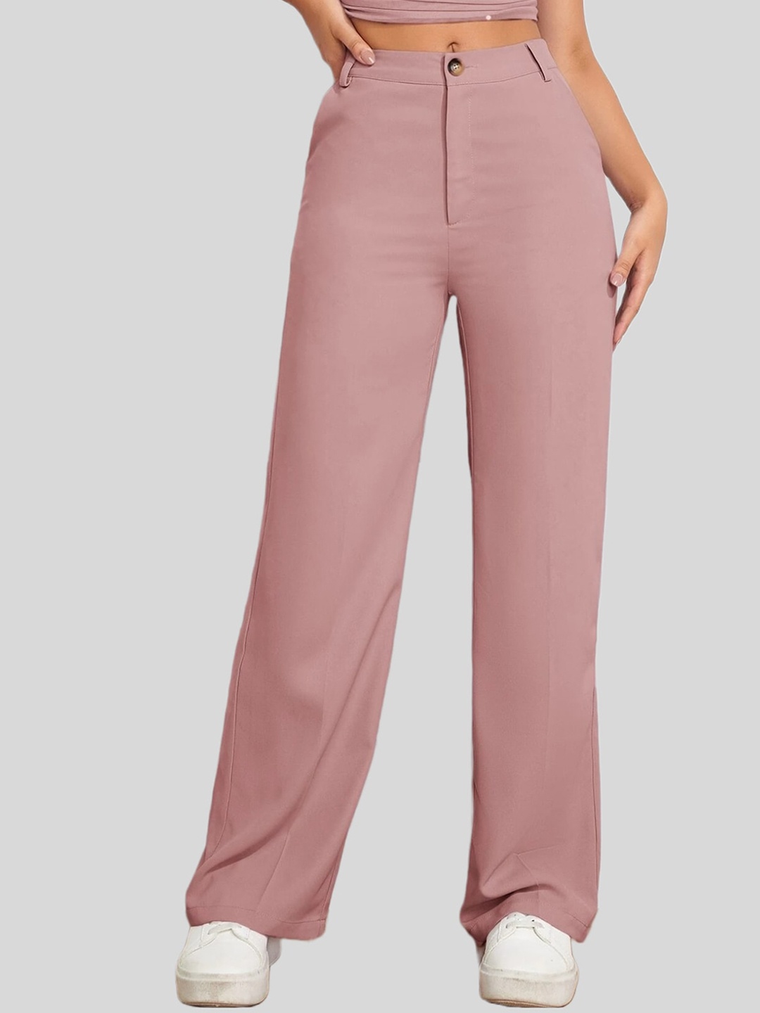 FNOCKS Women Mid Rise Plain Cotton Bootcut Trousers, Pink