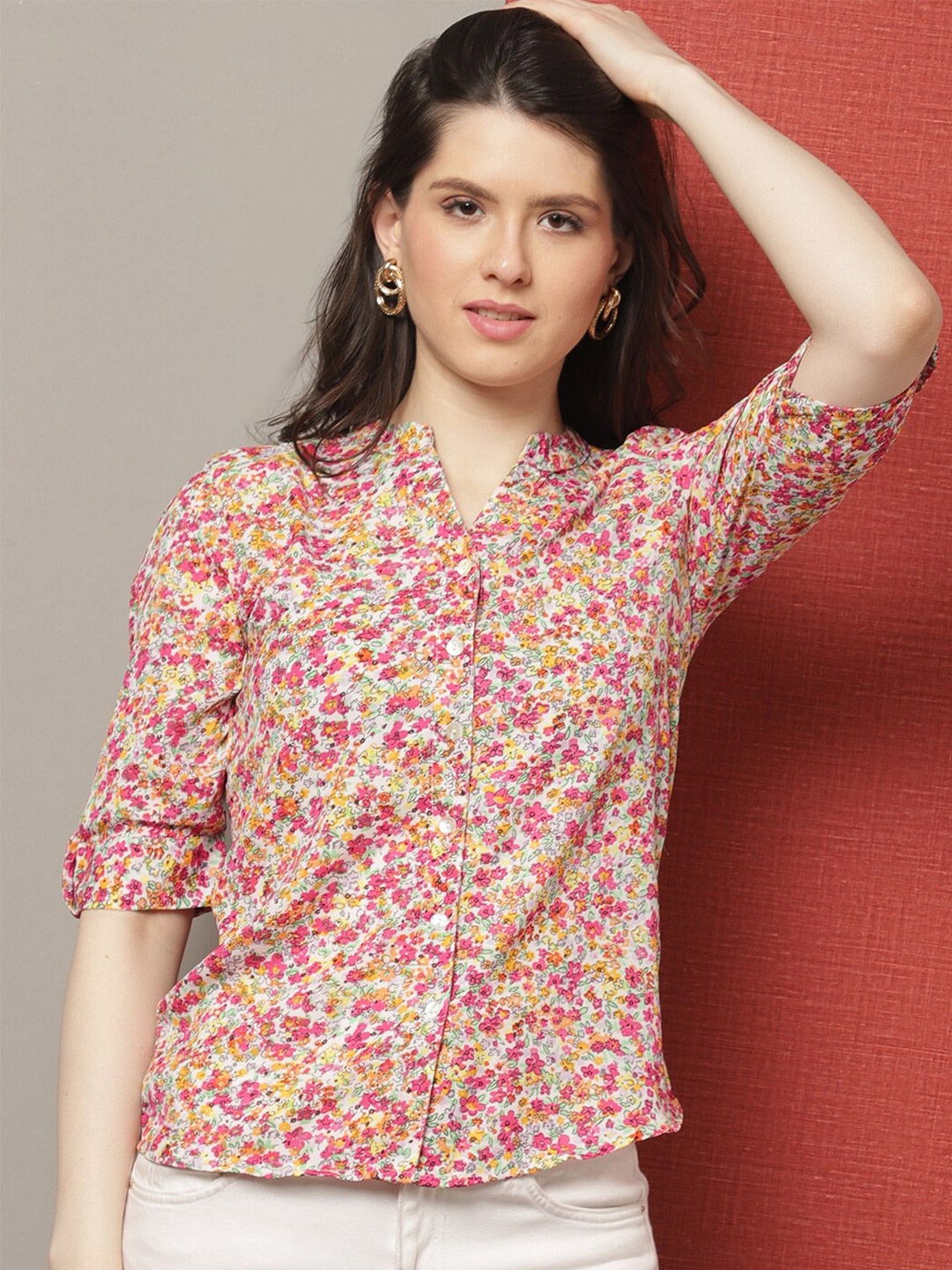 

GRACIT Floral Printed Notched Neck Roll-Up Sleeves Shirt Style Top, Pink