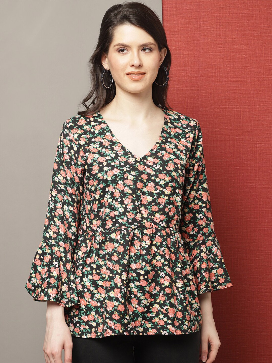 

GRACIT Floral Printed V-Neck Bell Sleeves Gathered or Pleated Peplum Top, Green
