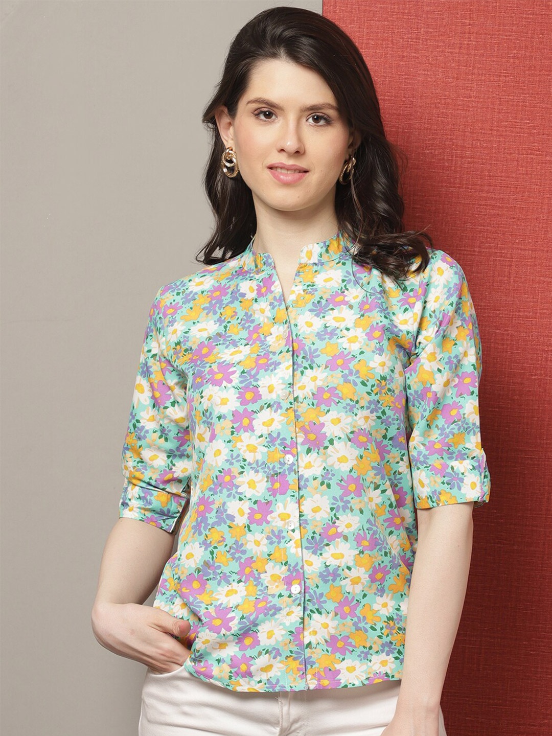 

GRACIT Floral Printed Notched Neck Roll Up Sleeves Top, Green