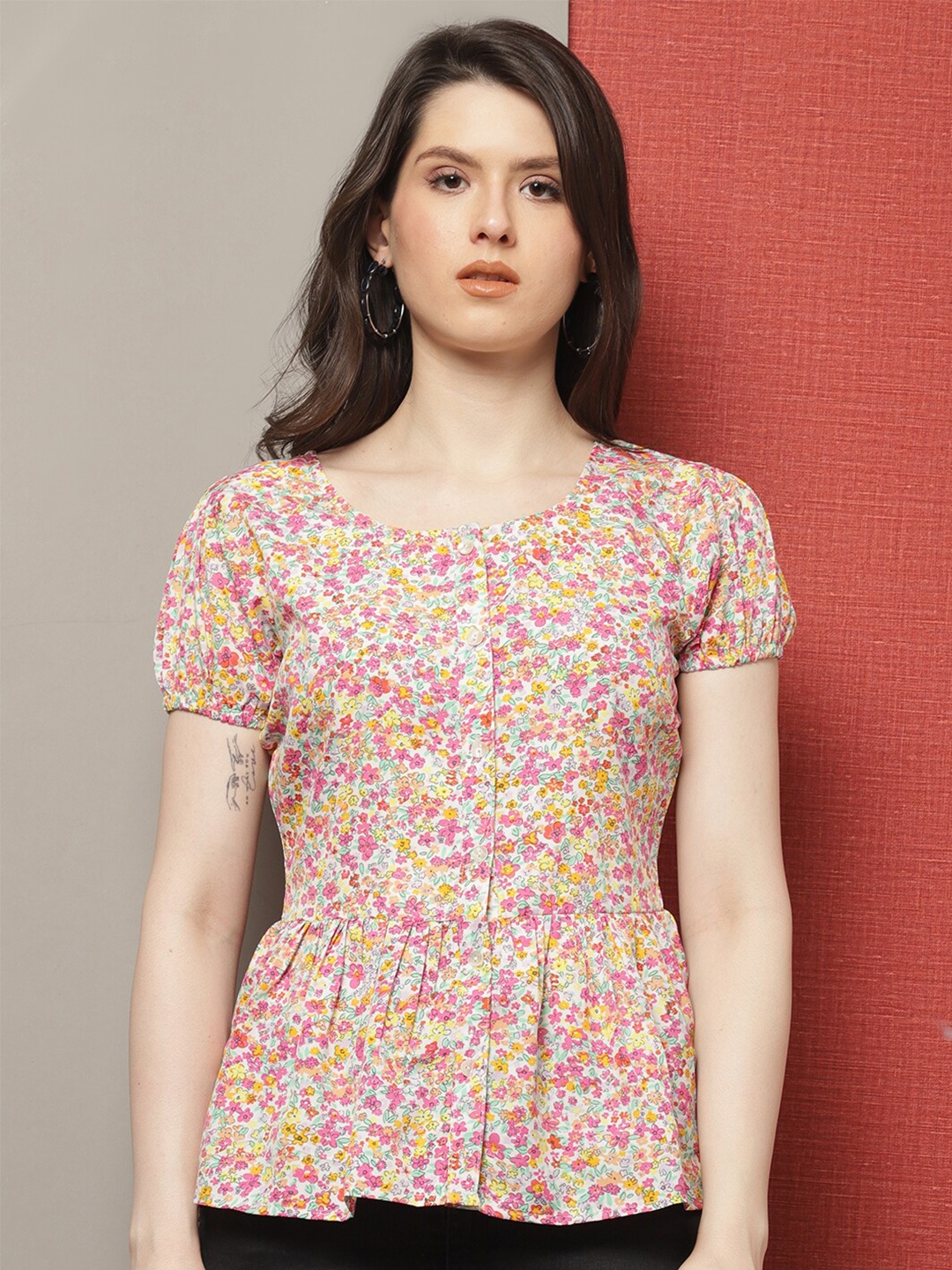 

GRACIT Floral Printed Puff Sleeves Gathered or Pleated Peplum Top, Pink
