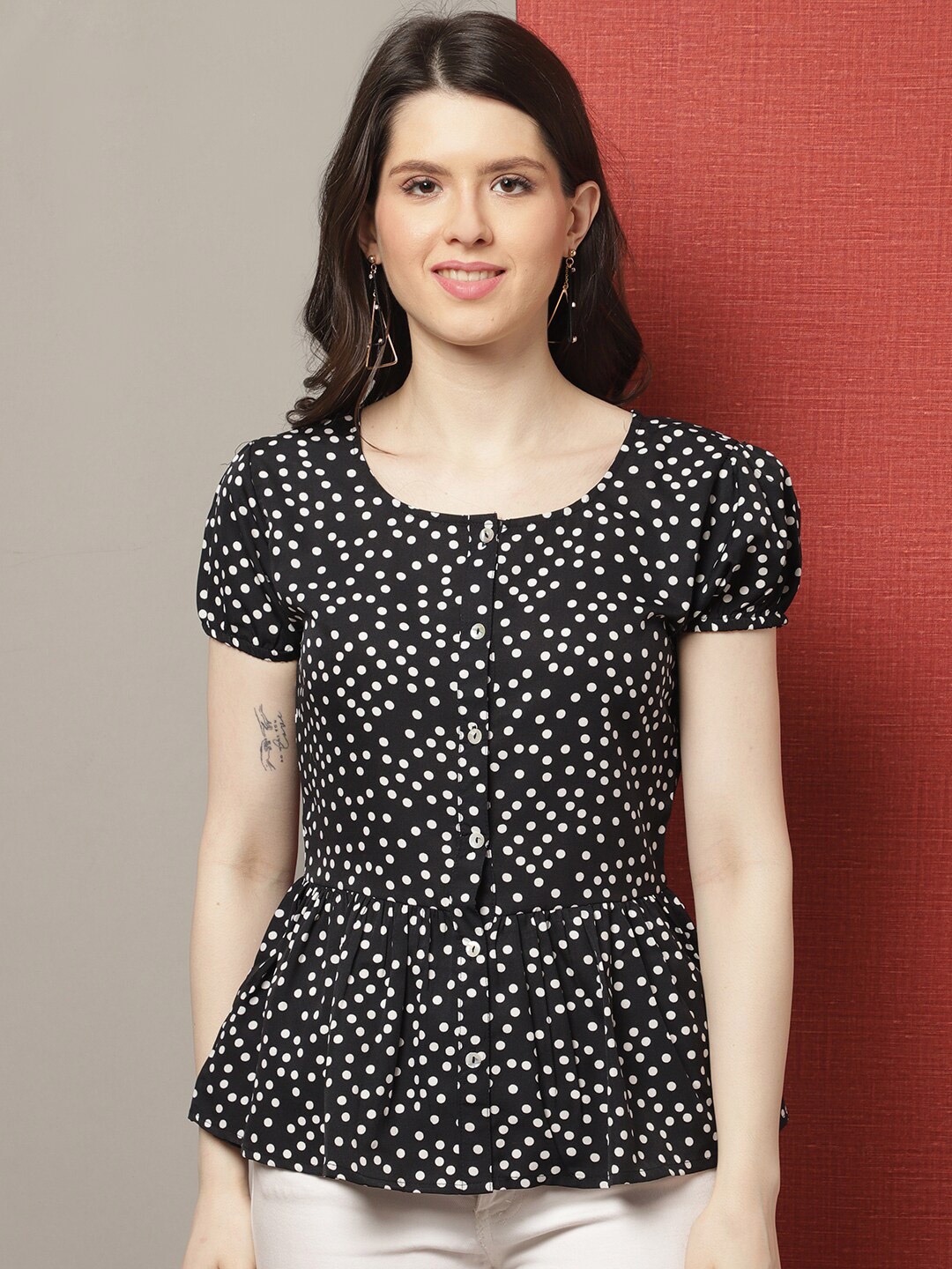 

GRACIT Polka Dot Printed Puff Sleeves Gathered or Pleated Peplum Top, Black