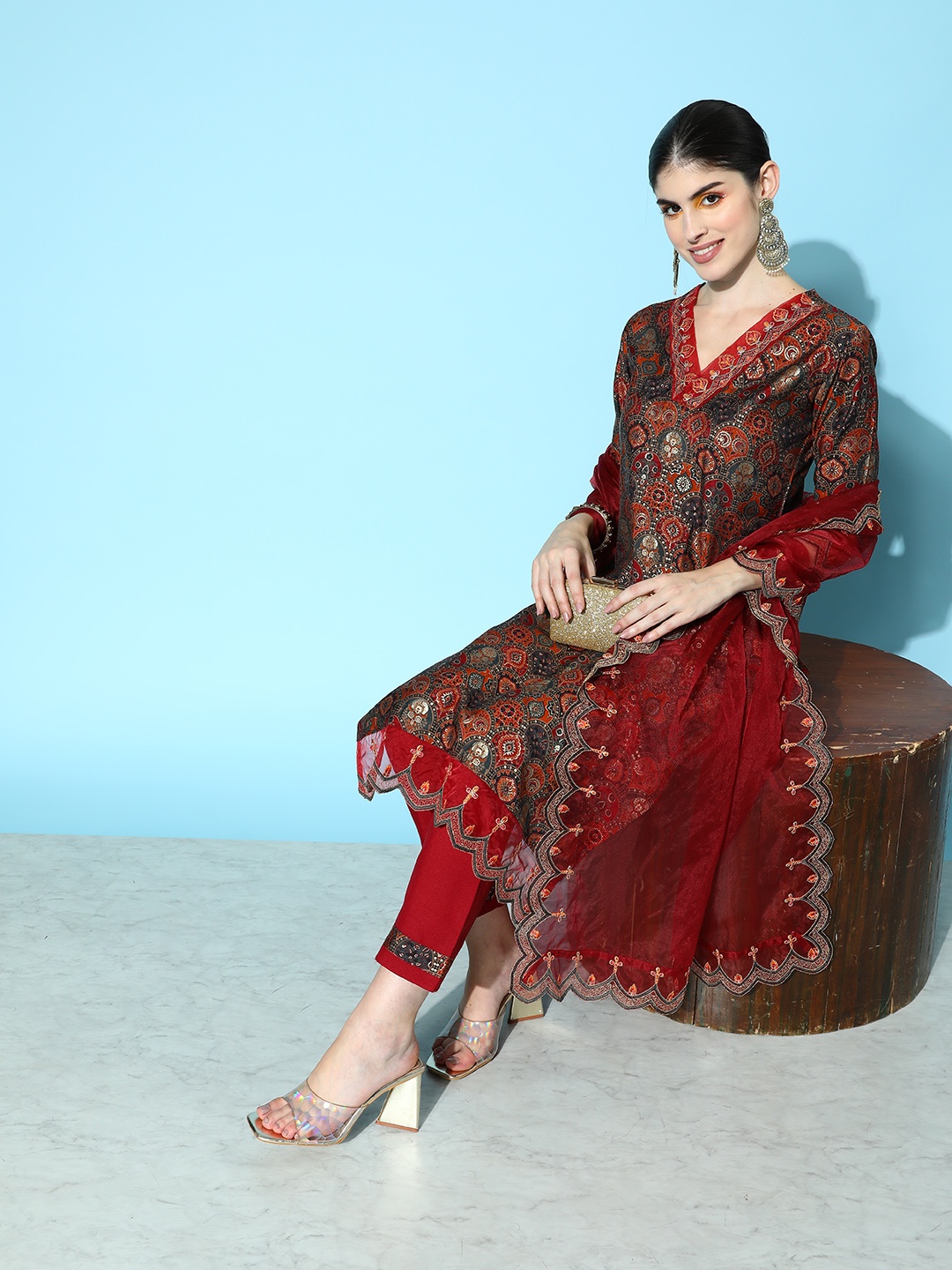 

Sangria Ethnic Motifs Yoke Design Regular Kurta with Trousers & With Dupatta, Maroon