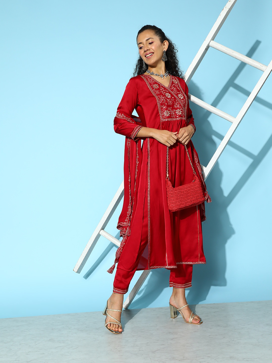 

Sangria Floral Yoke Design Angrakha Kurta with Trousers & With Dupatta, Maroon