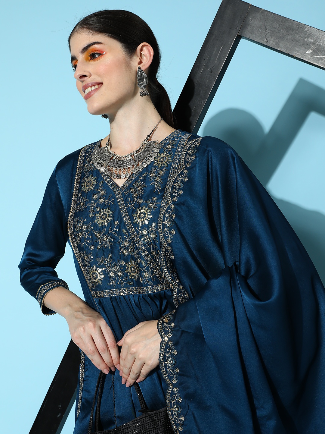 

Sangria Floral Embroidered Angrakha Zari Kurta with Trousers & With Dupatta, Turquoise blue