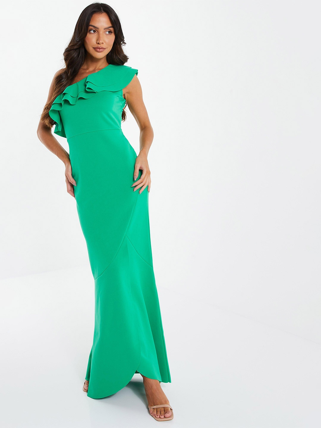 

QUIZ One Shoulder Flutter Sleeve Maxi Dress, Green