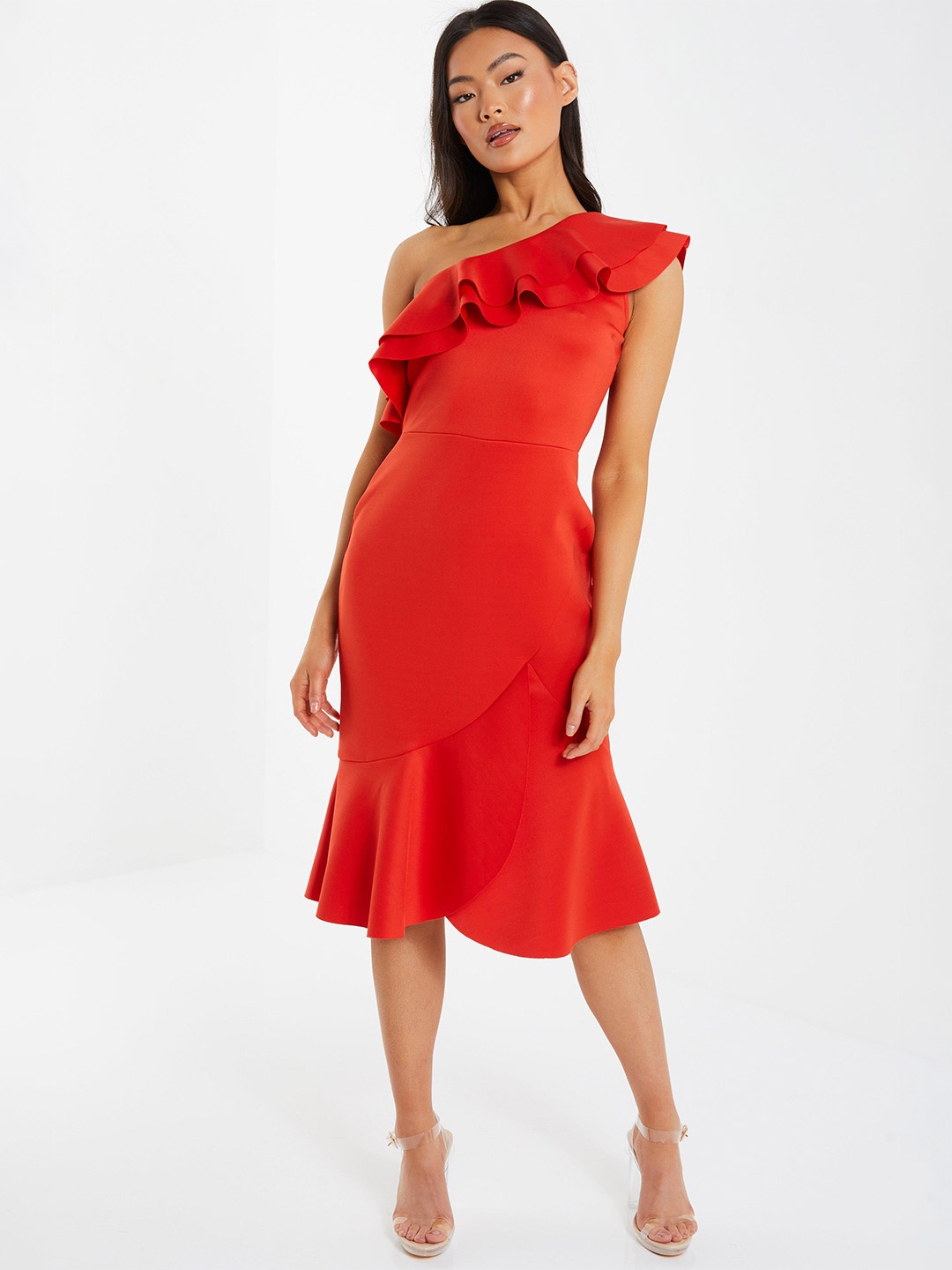

QUIZ One Shoulder Flutter Sleeve Sheath Midi Dress, Orange