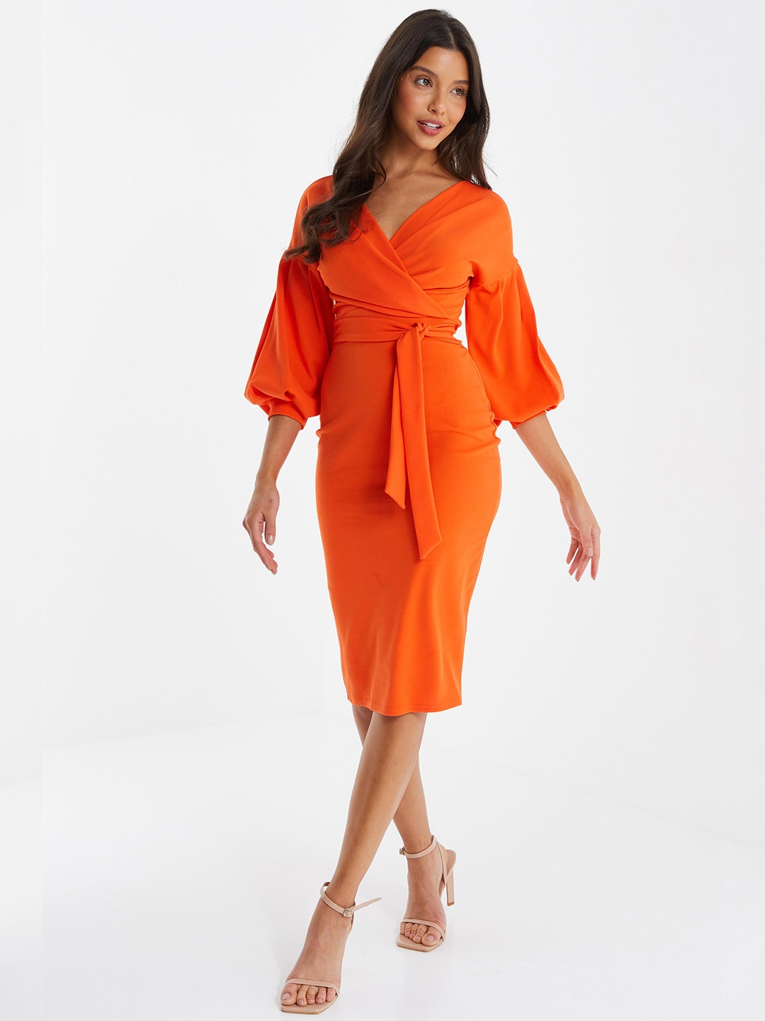 

QUIZ V-Neck Warp Dress With Belt, Orange