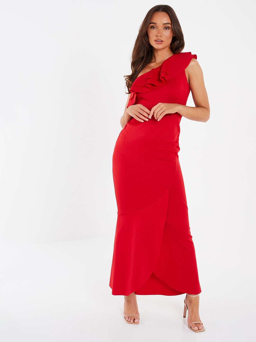 

QUIZ One Shoulder Ruffles Maxi Dress, Red