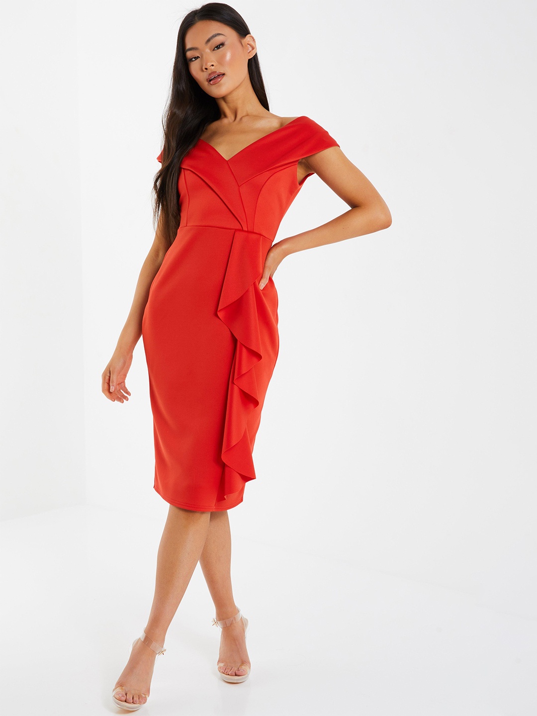 

QUIZ V-Neck Ruffles Sheath Dress, Orange
