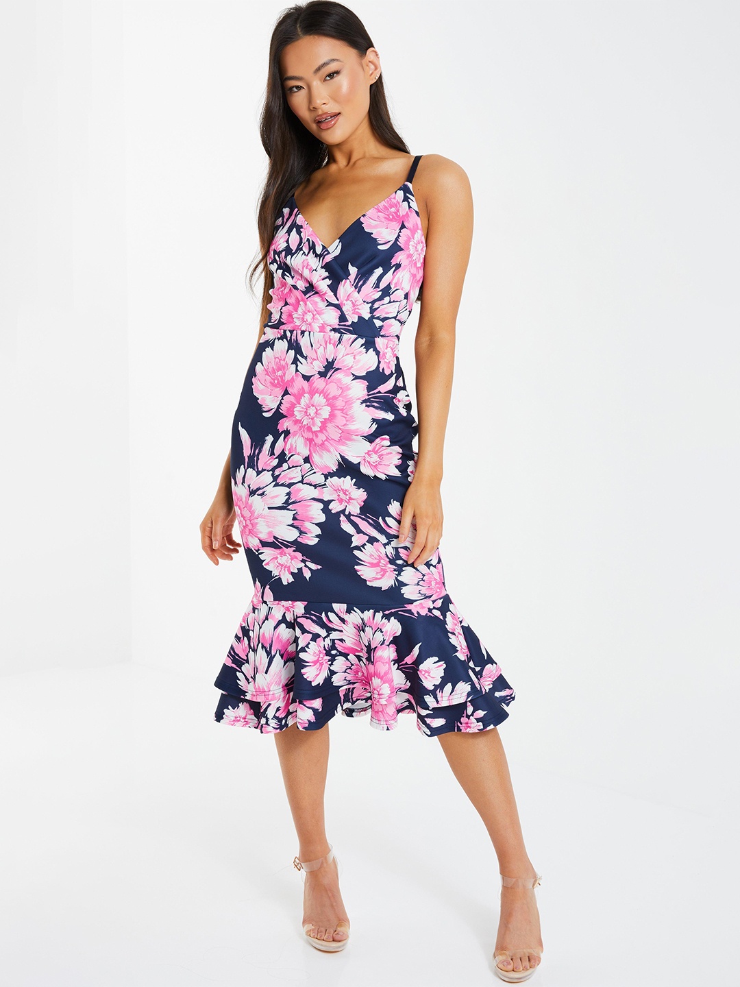 

QUIZ Floral Printed Shoulder Straps Sheath Midi Dress, Navy blue