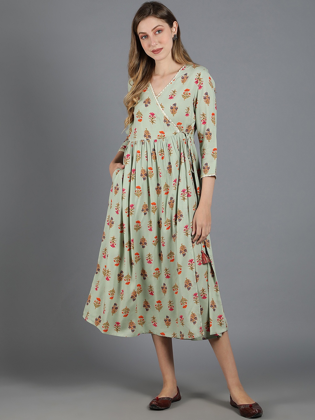 

HERE&NOW Floral Printed Wrap Midi Dress, Green