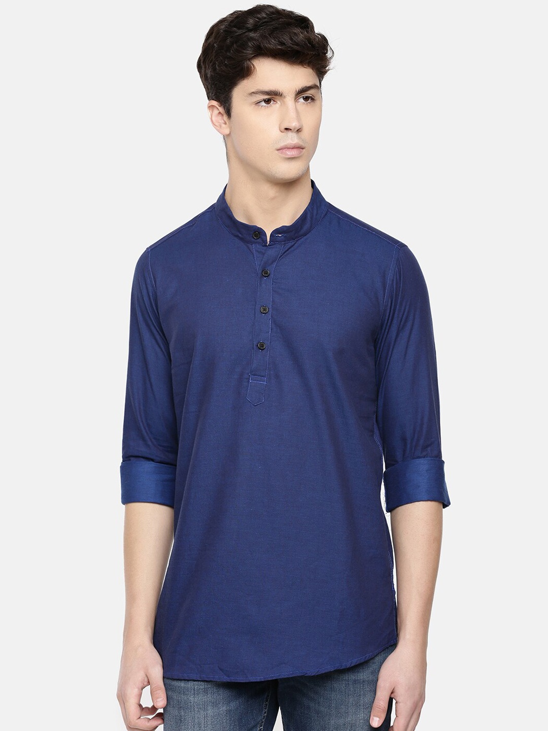 

Cross Court Mandarin Collar Pure Cotton Straight Short Kurta, Blue