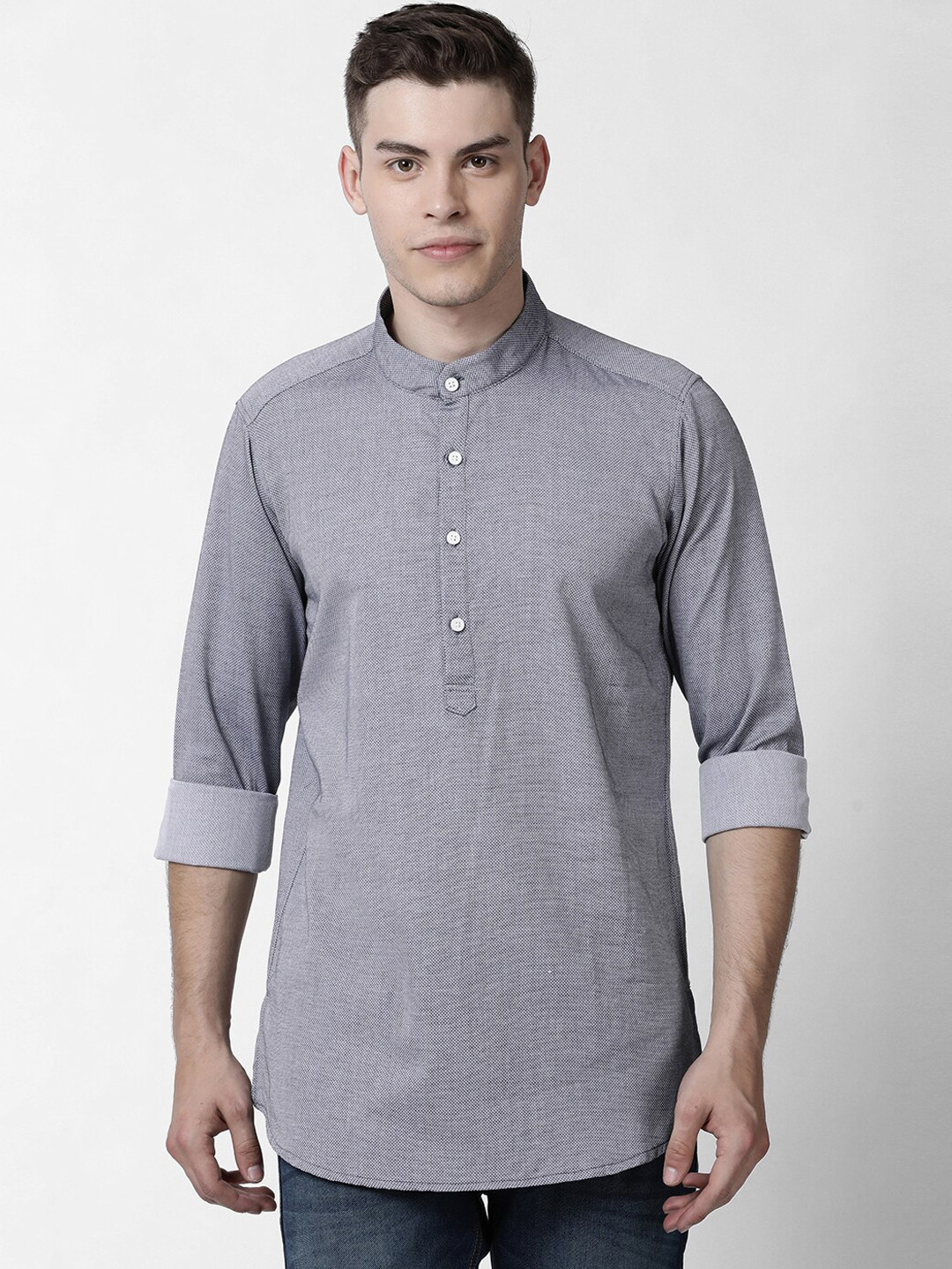 

Cross Court Band Collar Roll-Up Sleeves Pure Cotton Short Kurta, Grey