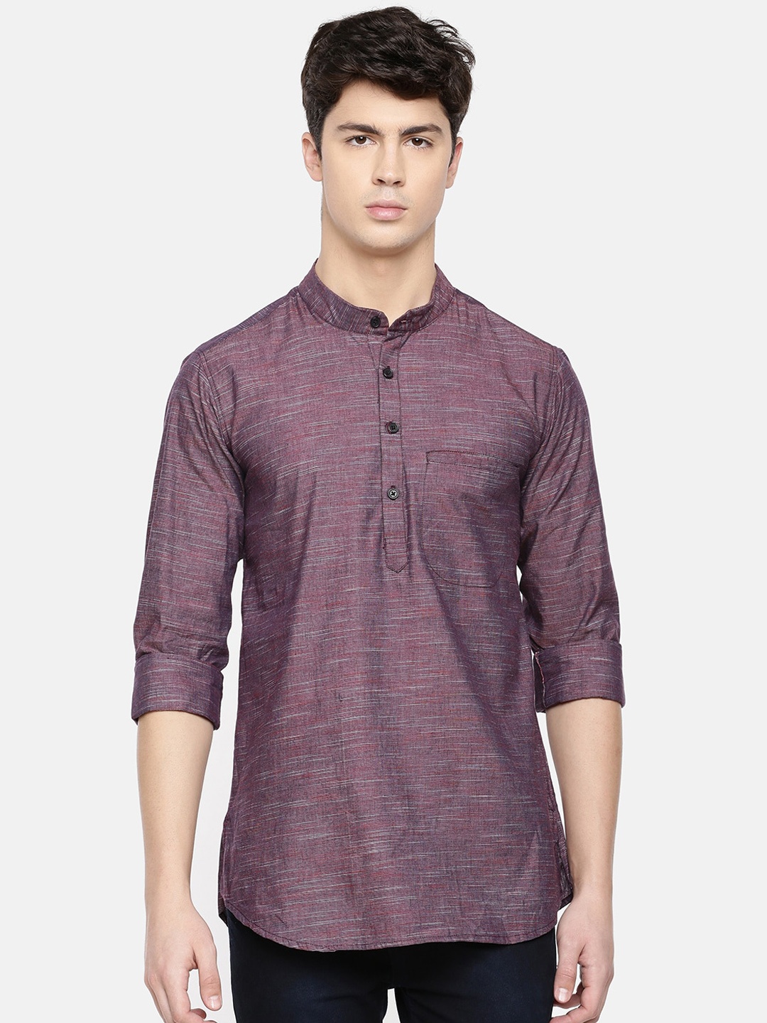 

Cross Court Band Collar Roll-Up Sleeves Pure Cotton Short Kurta, Purple