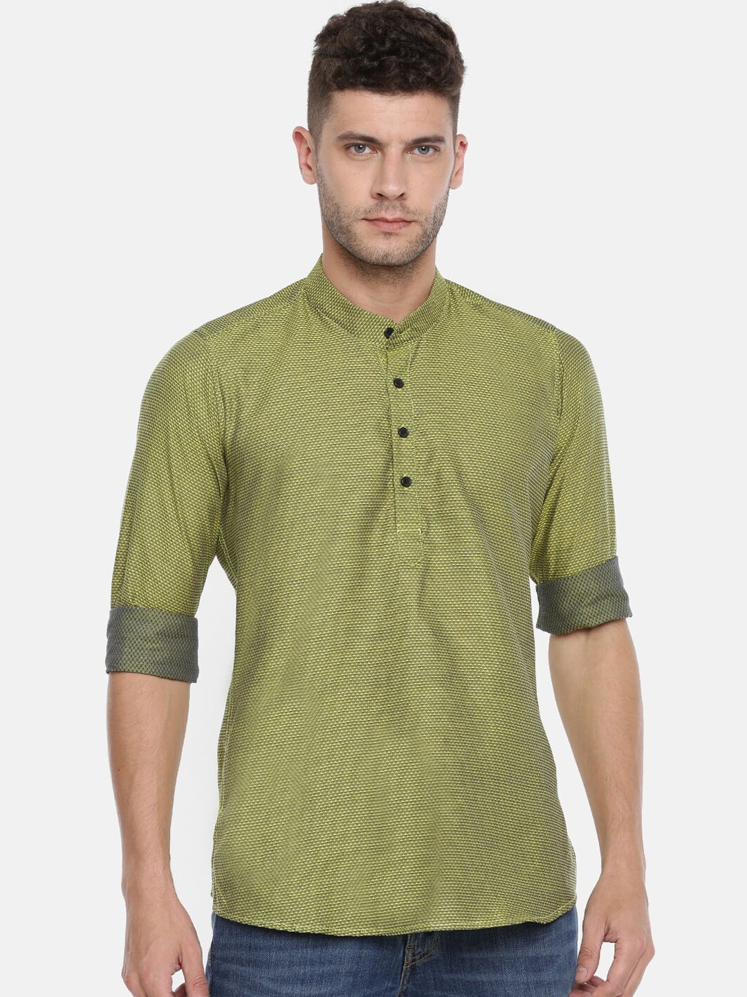 

Cross Court Woven Design Band Collar Pure Cotton Short Kurta, Green