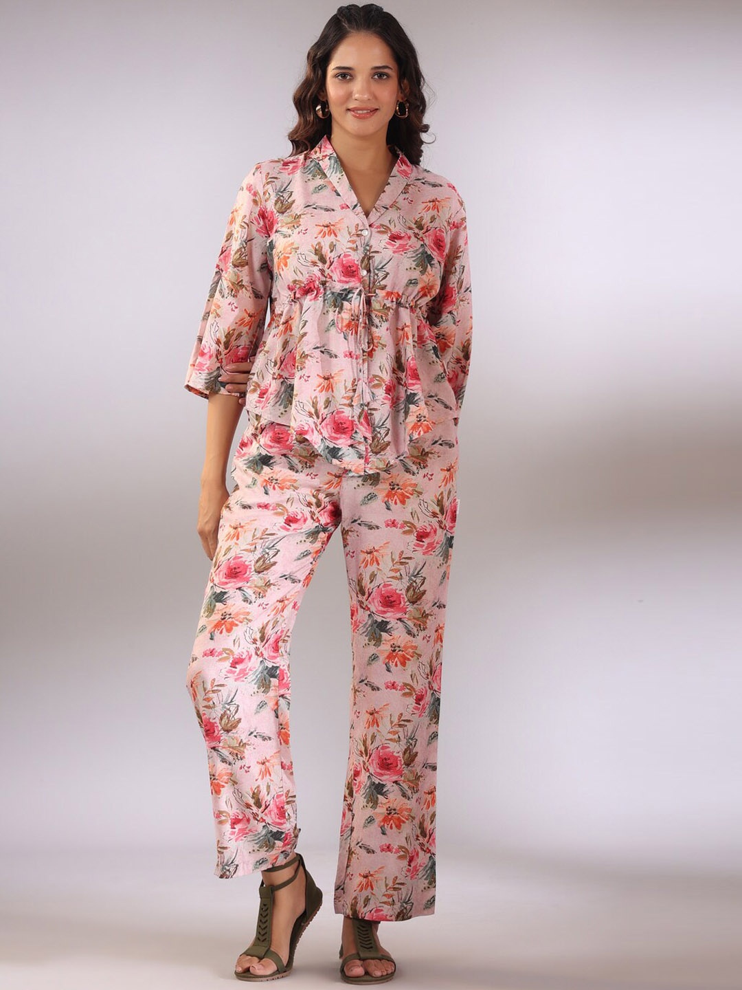 

JISORA Floral Printed Shawl Neck Top with Trousers Co-Ords, Pink