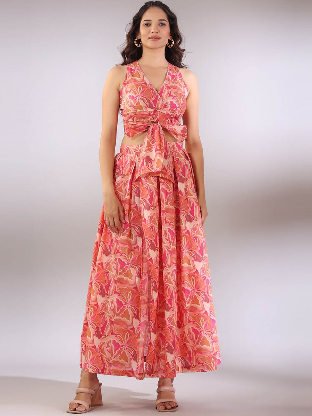 

JISORA Floral Printed Pure Cotton Crop Top With Skirts Co-Ords, Pink