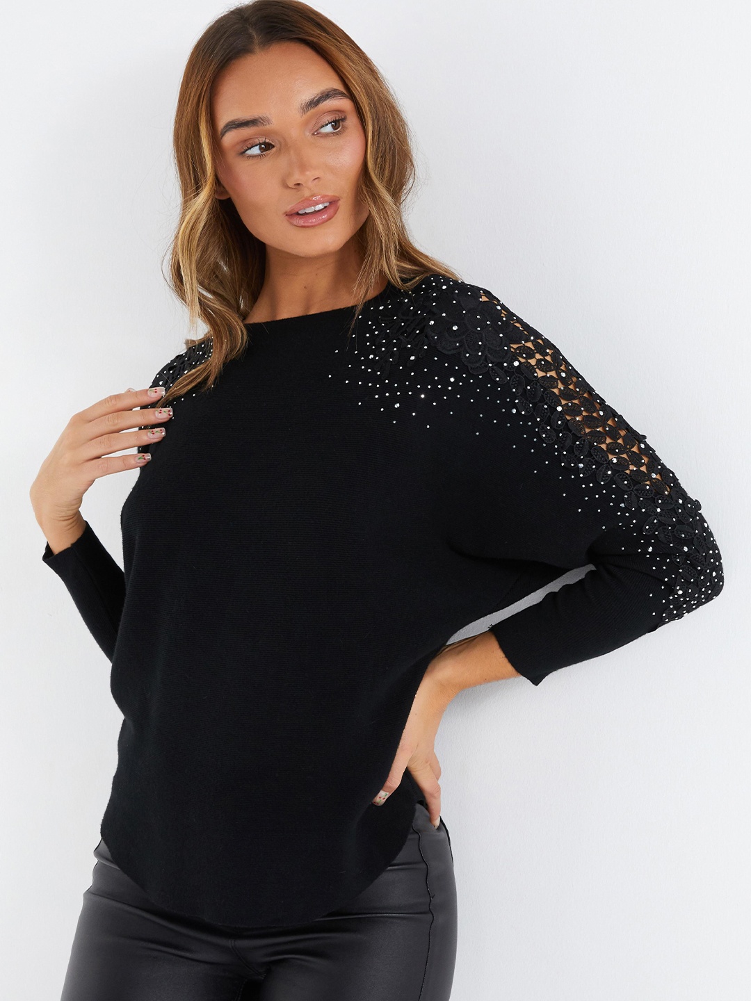 

QUIZ Embellished Lace Batwing Sleeve Top, Black