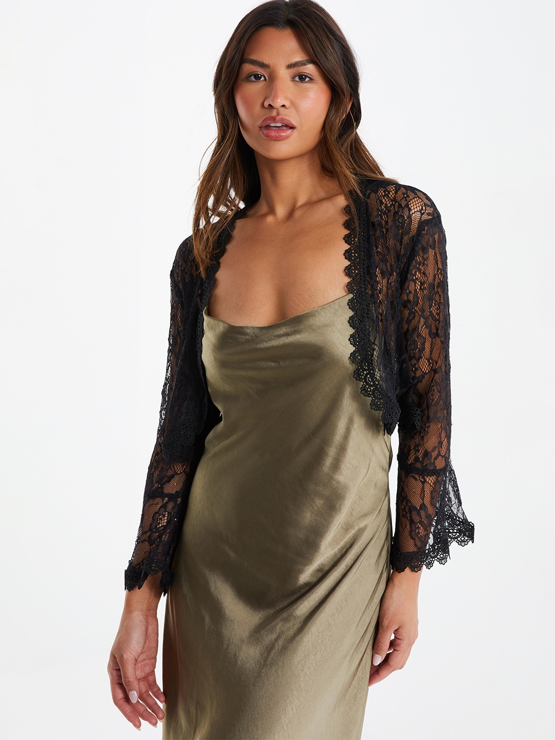 

QUIZ Floral Lace Flared Sleeve Shrug, Black