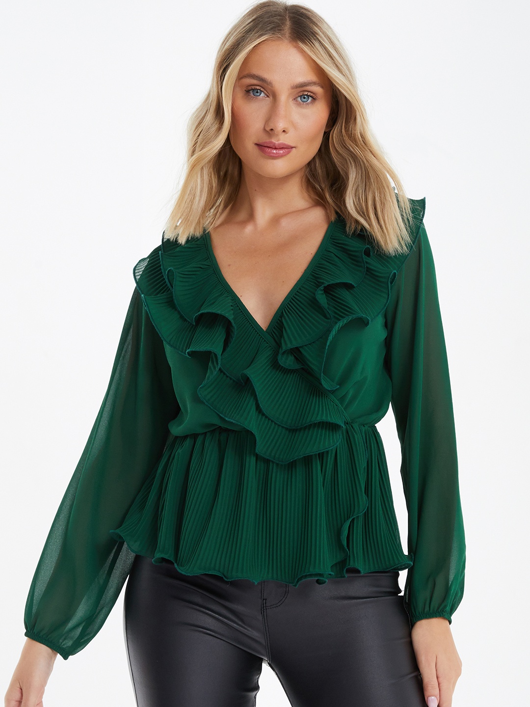 

QUIZ Ruffle Detailed Cinched Waist Top, Green