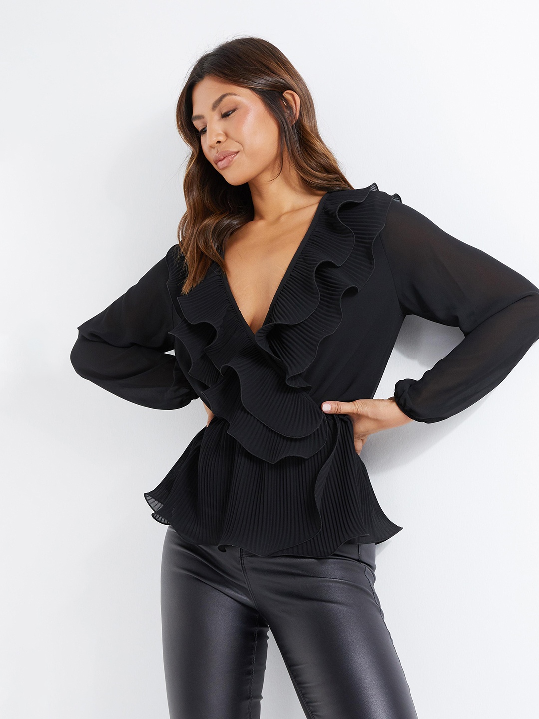 QUIZ Accordion Pleated V-Neck Cuff Sleeve Semi-Sheer Wrap Top, Black