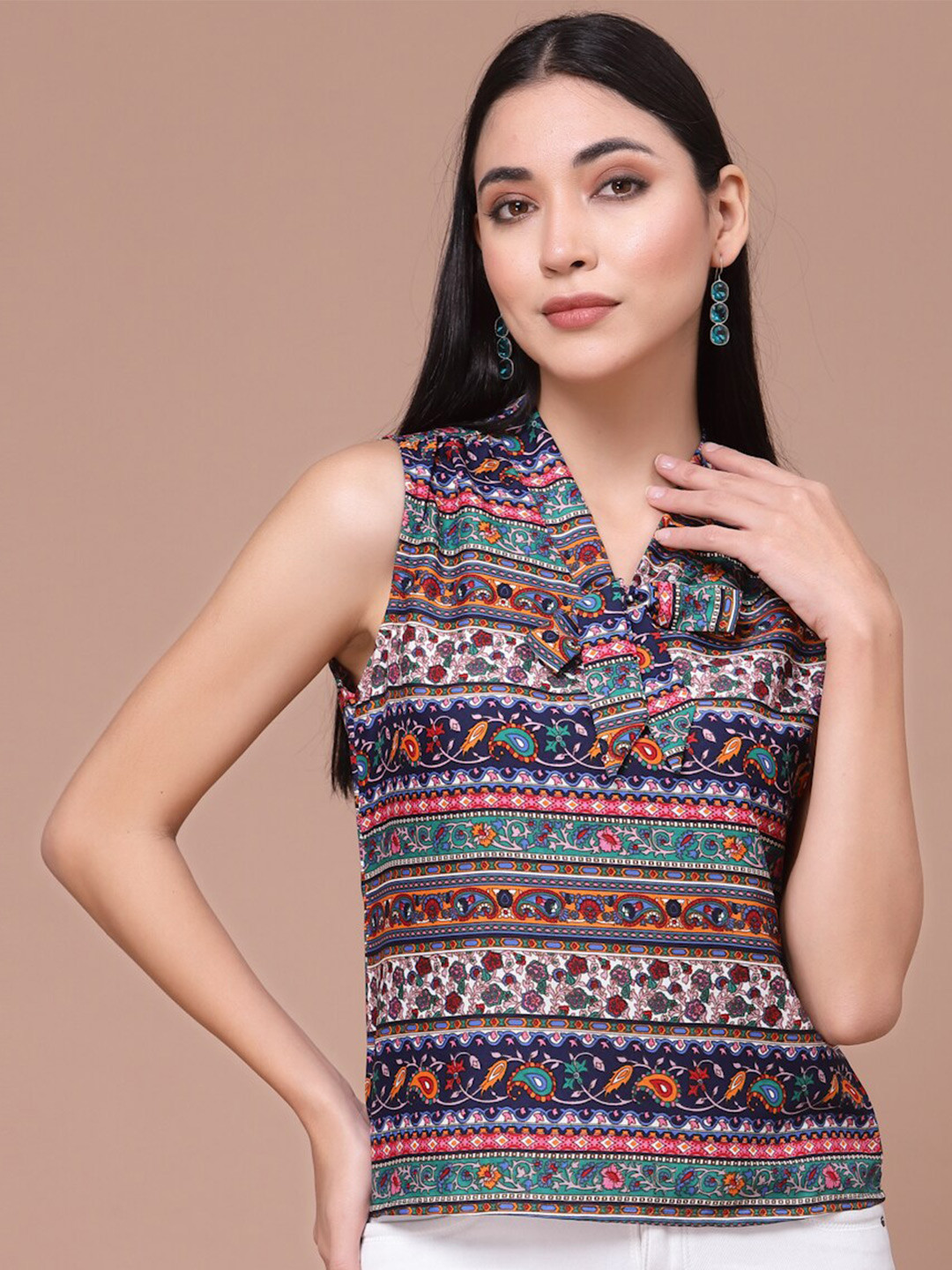 

Oomph! Ethnic Printed Tie-Up Neck Sleeveless Crepe Top, Navy blue