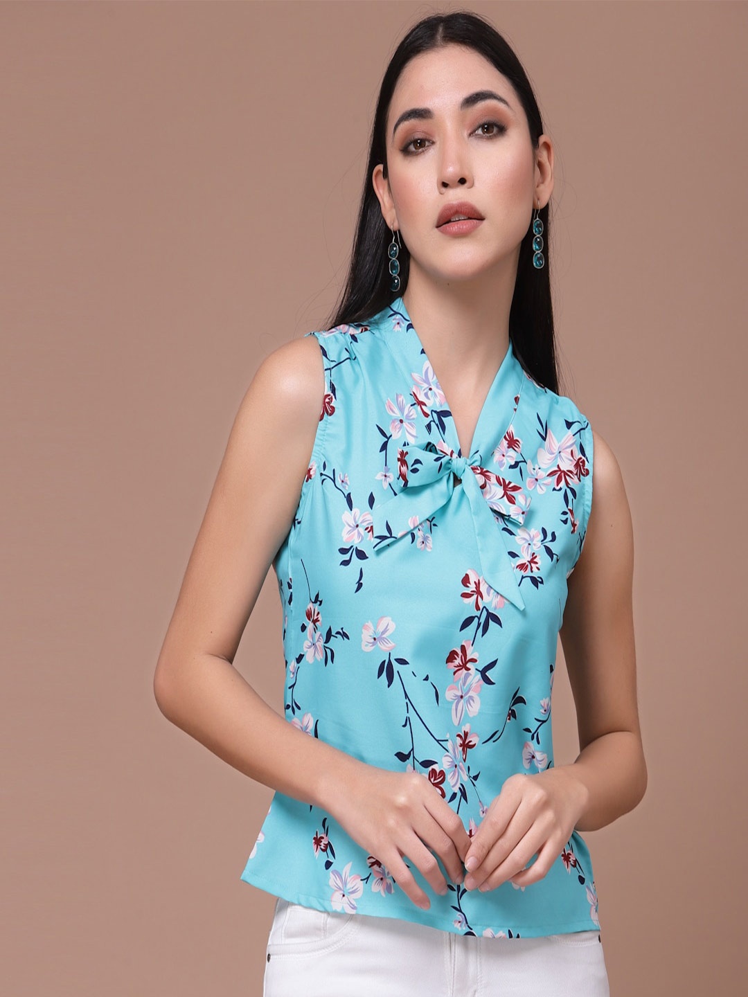 Oomph! Floral Printed Tie-Ups Neck Sleeveless Regular Top, Blue