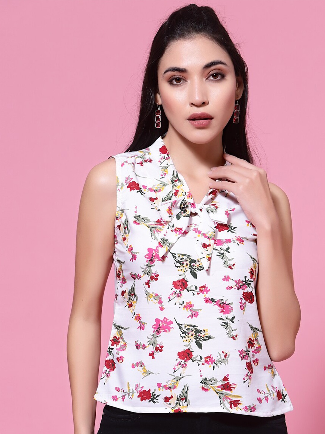 

Oomph! Floral Printed Tie-Up Neck Sleeveless Regular Top, White