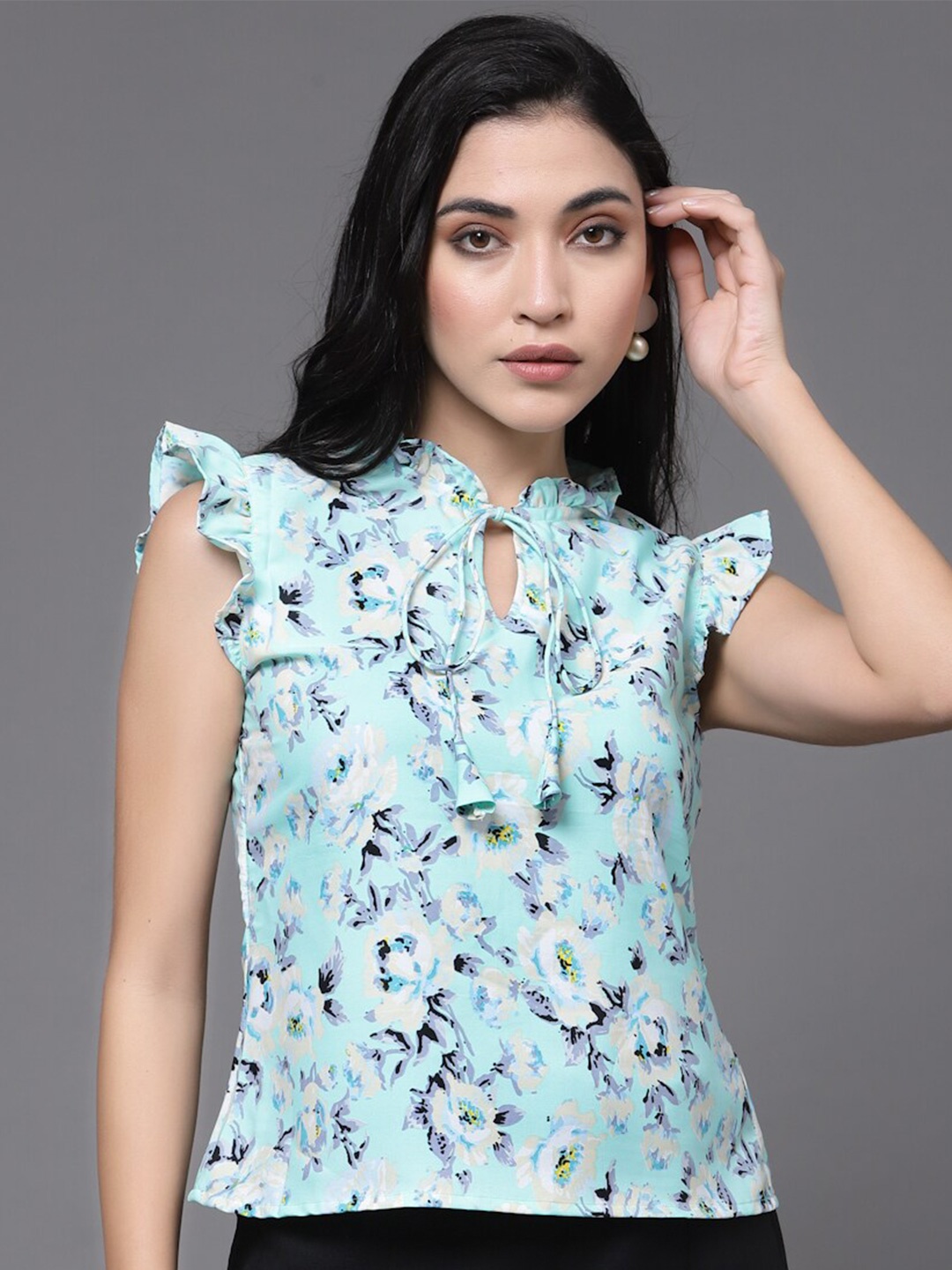 

Oomph! Floral Printed Flutter Sleeve Tie-Up Neck Crepe Top, Turquoise blue