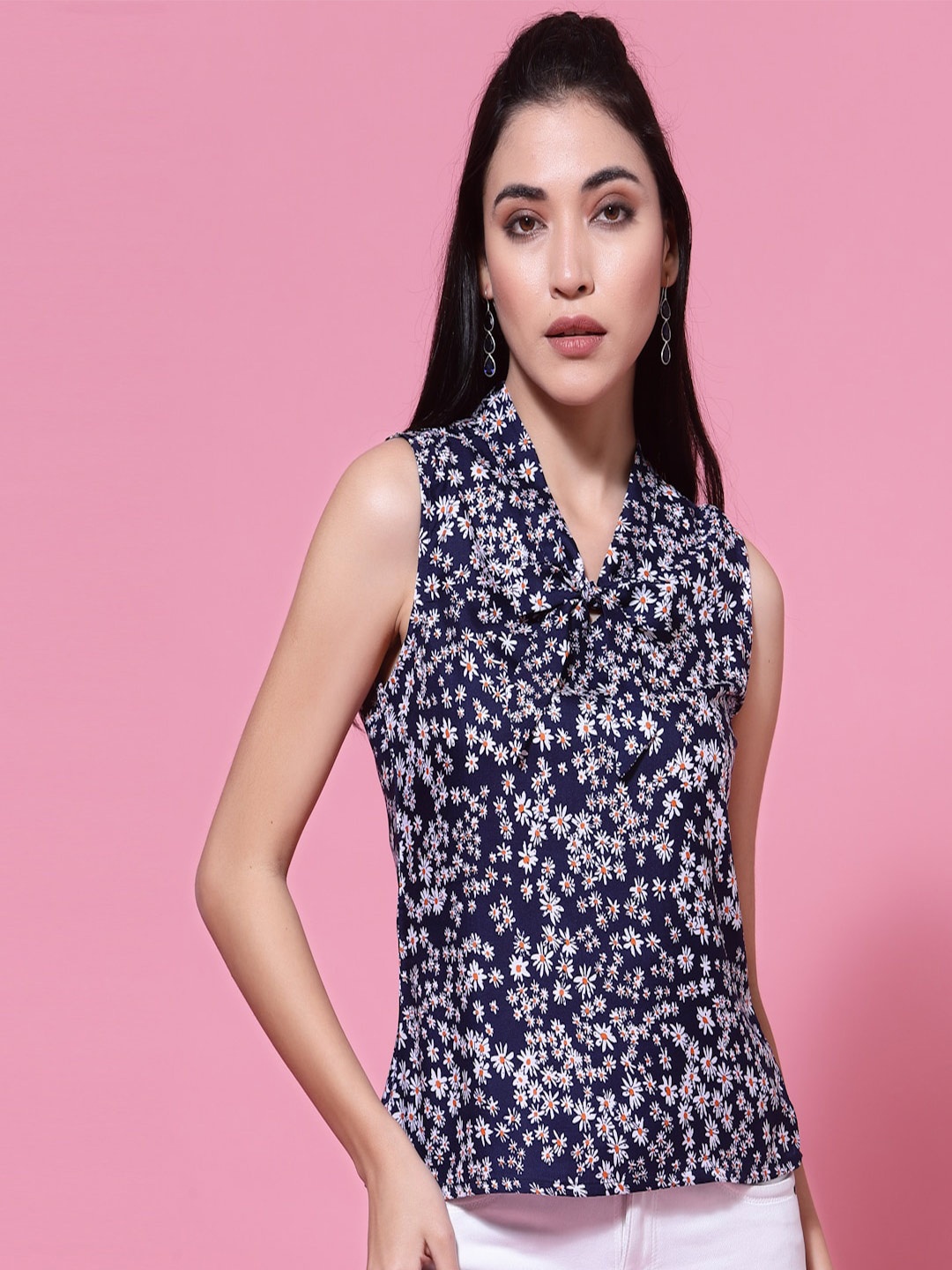

Oomph! Floral Printed Tie-Up Neck Sleeveless Crepe Top, Blue