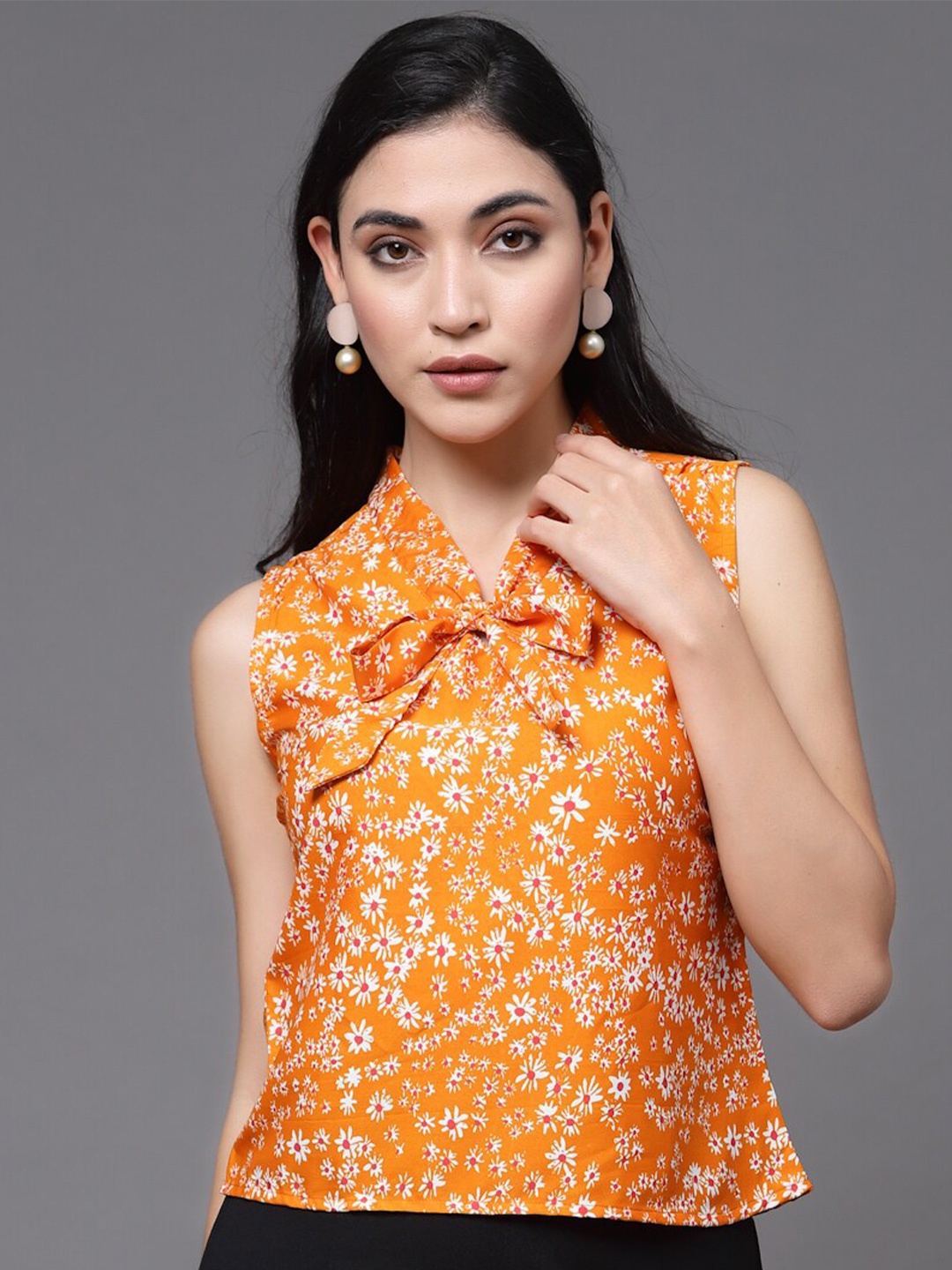 

Oomph! Floral Printed Tie-Up Neck Sleeveless Top, Orange
