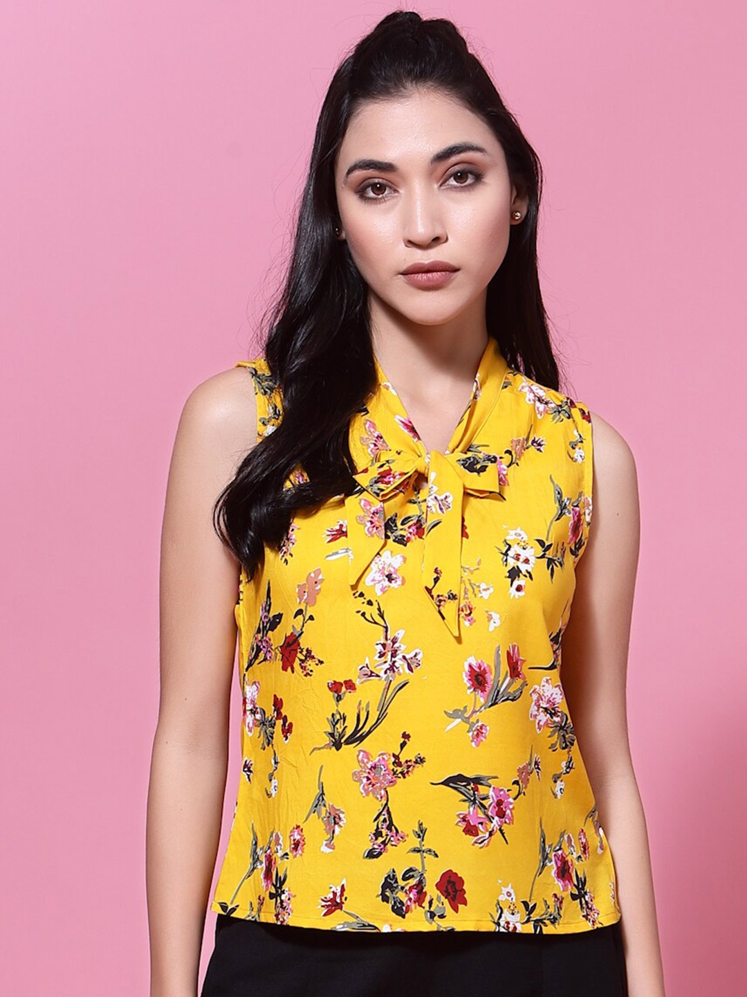 

Oomph! Floral Printed Tie-Up Neck Sleeveless Regular Top, Yellow