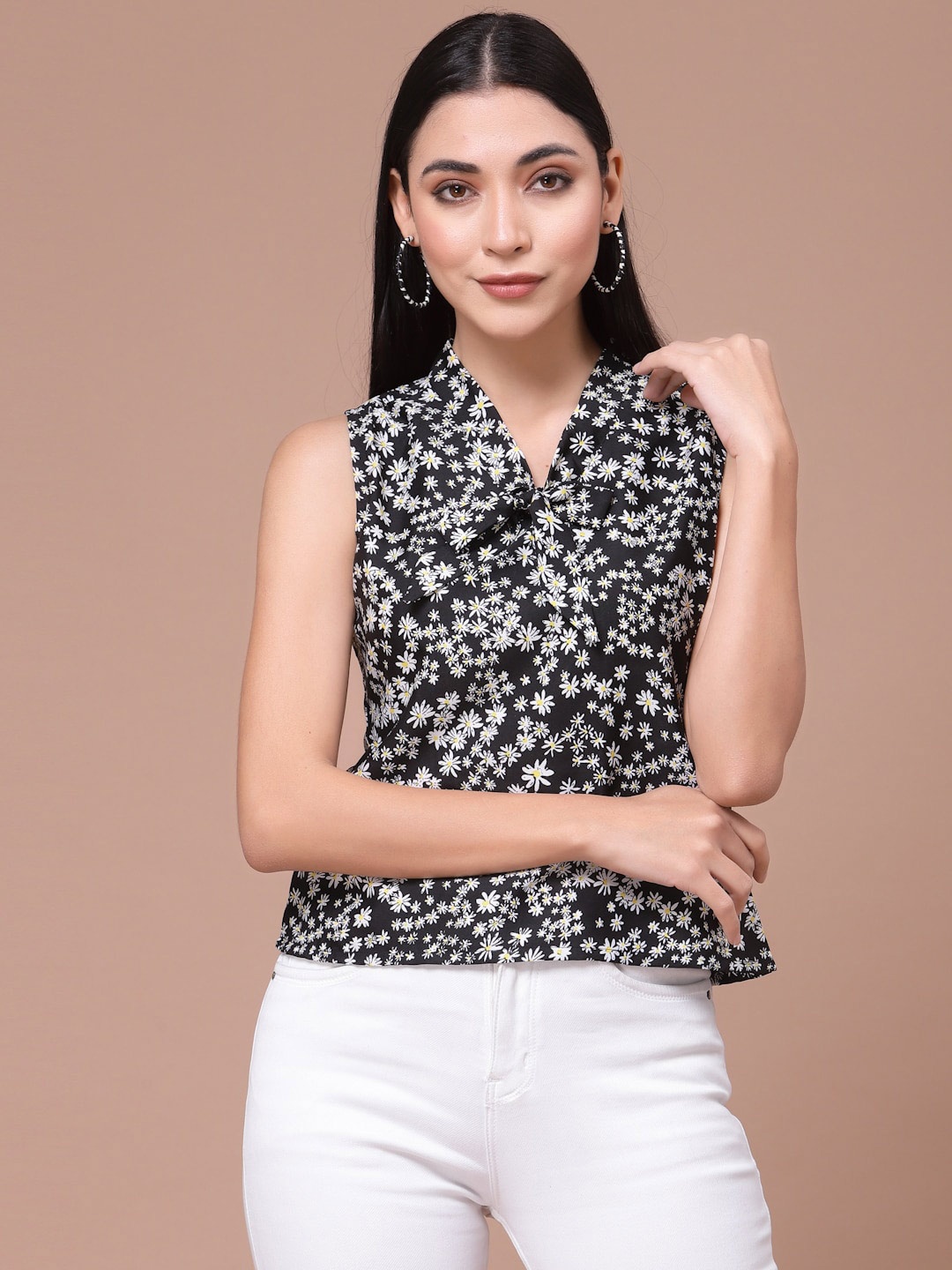 

Oomph! Floral Printed Tie-Up Neck Sleeveless Regular Top, Black