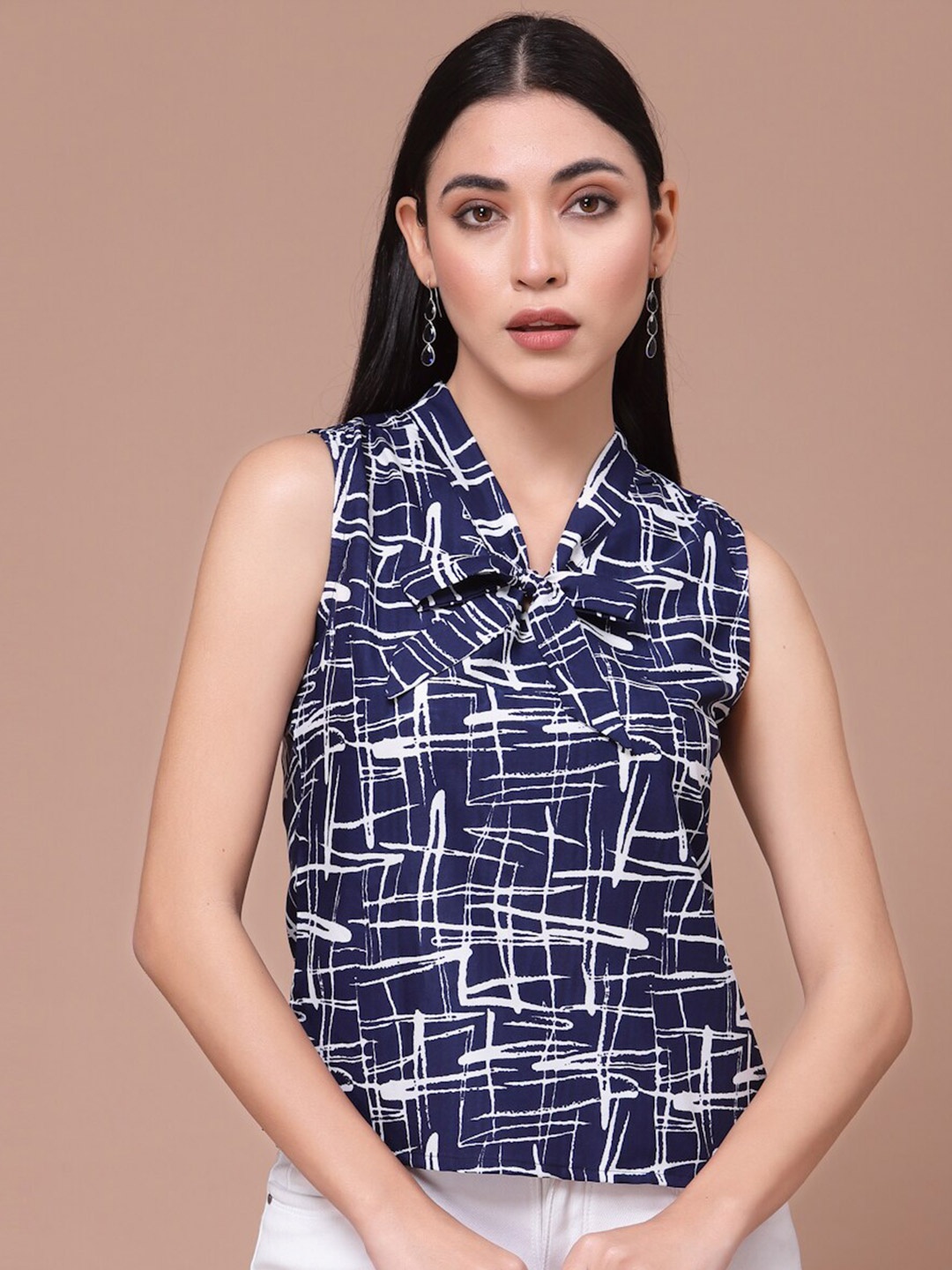 

Oomph! Abstract Printed Tie-Up Neck Sleeveless Top, Navy blue