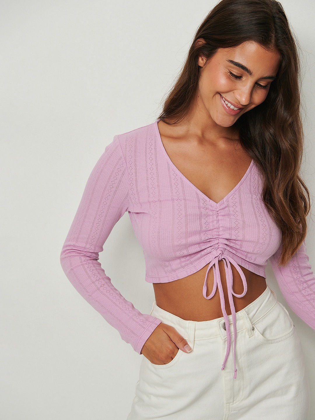 

NA-KD Self Design Organic Cotton Ruched Crop Top, Lavender