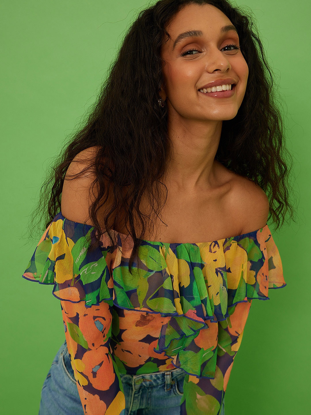 

NA-KD Floral Print Off-Shoulder Ruffles Bardot Crop Top, Green