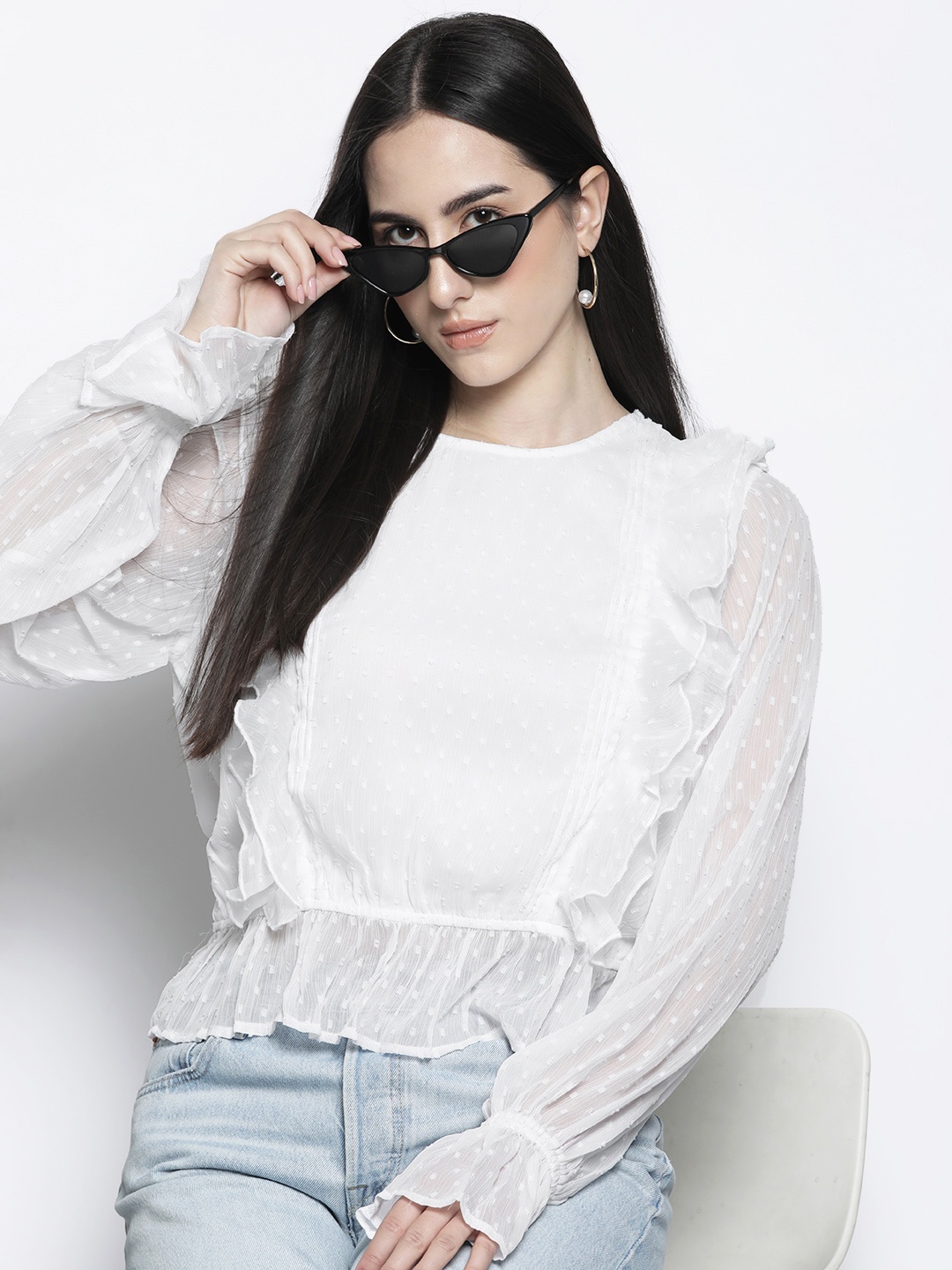 

NA-KD Puff Sleeve Ruffled Dobby Blouson Top, White
