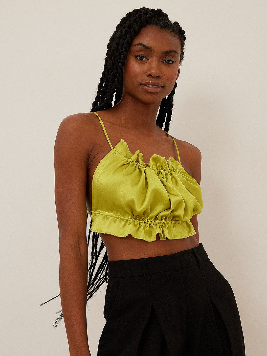 

NA-KD Satin Shoulder Straps Styled Back Crop Top, Green