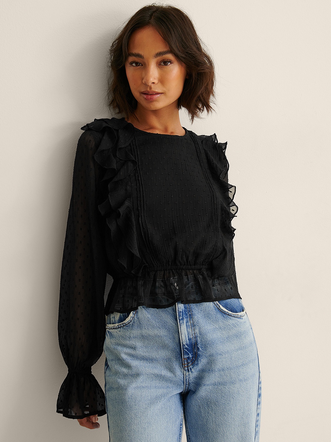 

NA-KD Dobby Weave Ruffles Cinched Waist Top, Black