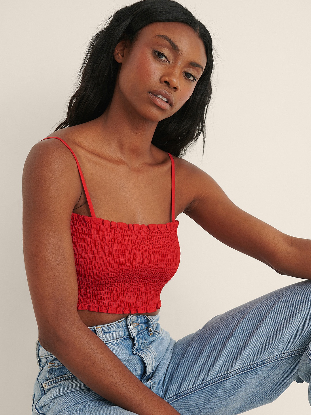 

NA-KD Smocked Cotton Crop Top, Red