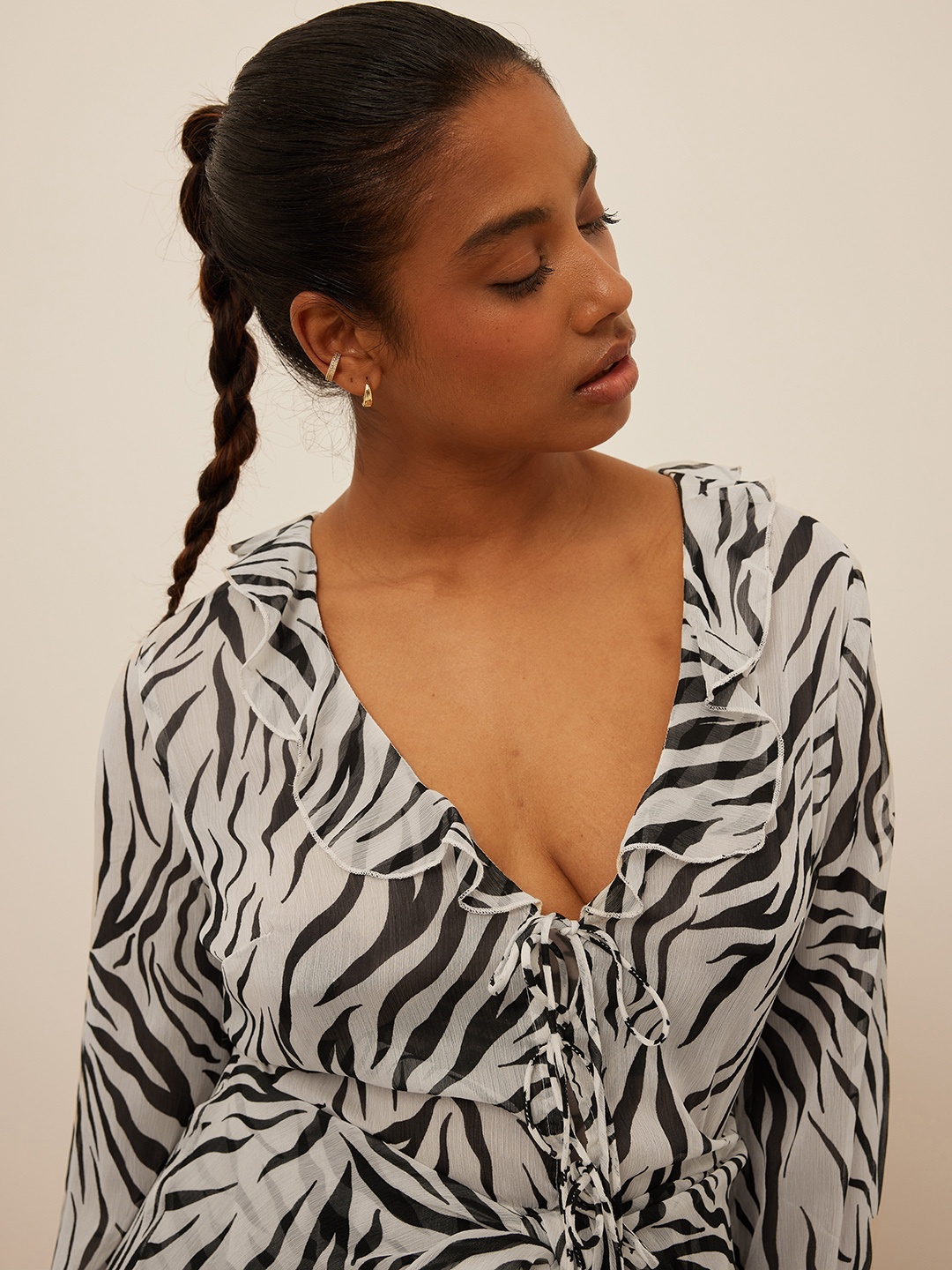 

NA-KD Animal Print Flared Sleeve Layered A-Line Mini Dress, Off white