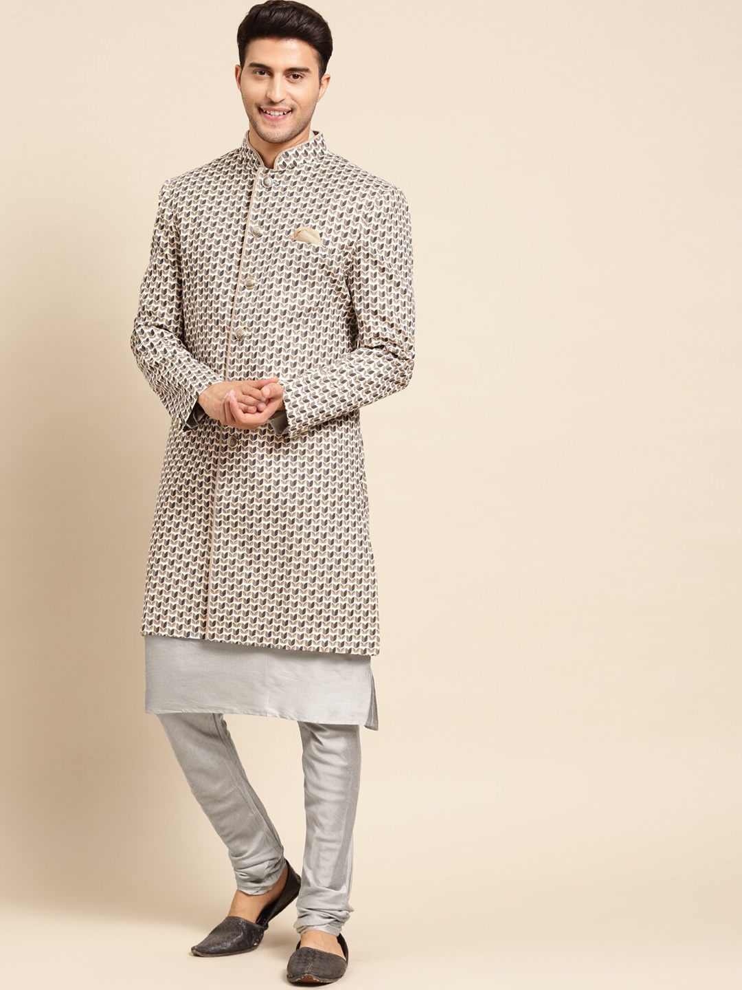 KISAH Men Printed Mandarin Collar Indowestern Sherwani Set, Grey