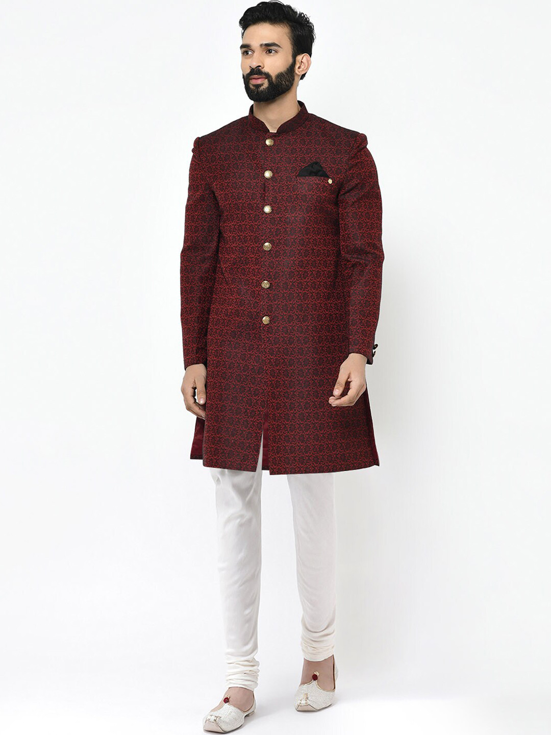 

KISAH Men Self-Design Mandarin Collar Indowestern Sherwani Set, Maroon