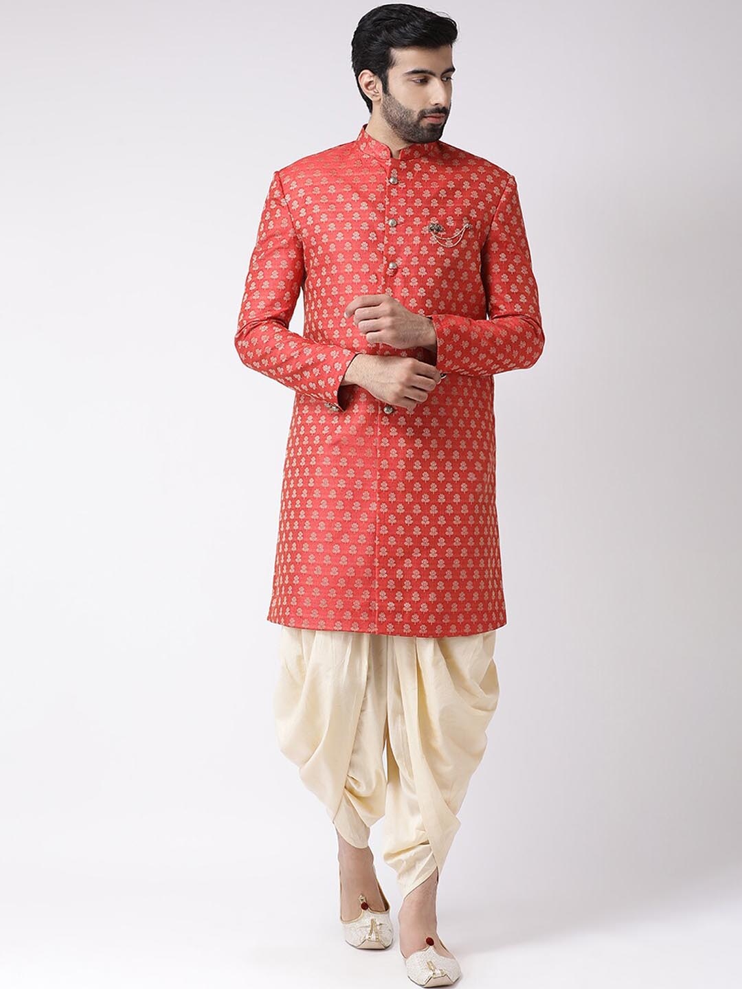 KISAH Men Self-Design Mandarin Collar Indowestern Sherwani Set, Red